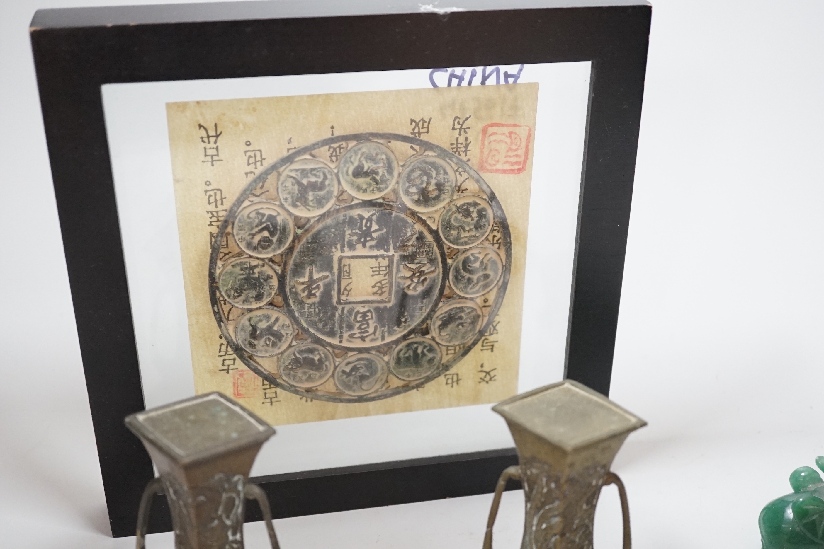 A group of Chinese collectables including bowenite carvings, a bangle, miniature model of Buddha etc.